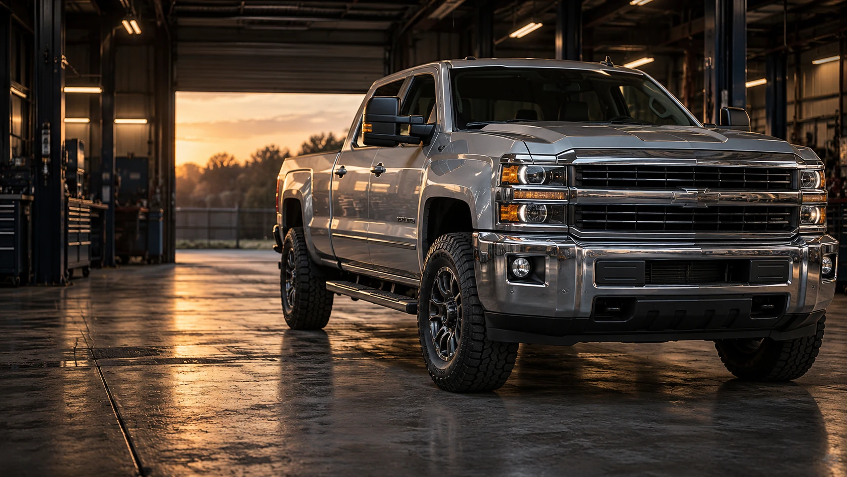 Silver heavy-duty diesel pickup in an industrial repair bay; illustrative image